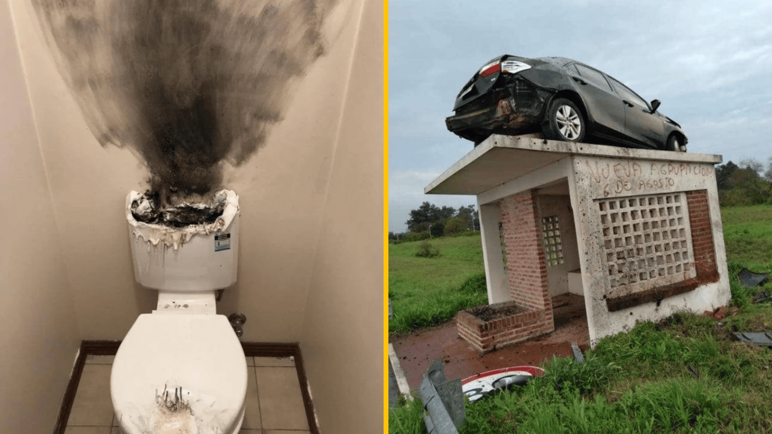 Záchod s ohoreným stropom a auto na streche autobusovej zastávky v prírode.