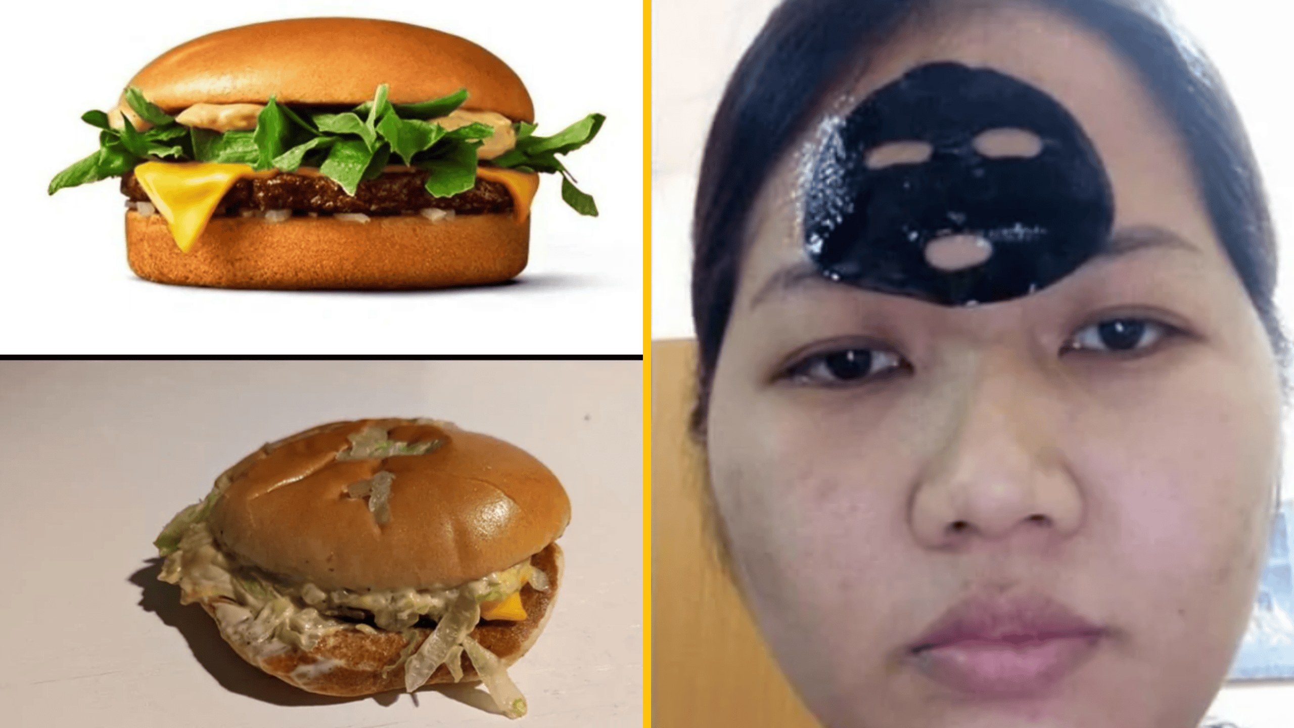 Koláž: chutný burger, neatraktívne jedlo a tvár s čiernou pleťovou maskou.