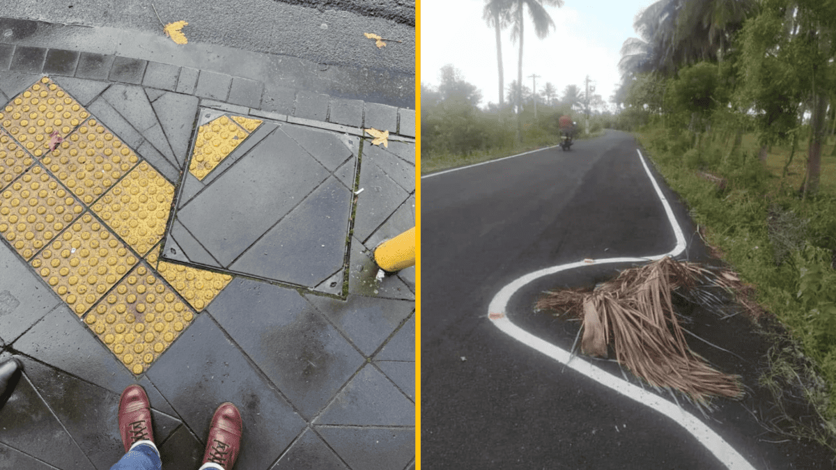 Nerovnomerné dlaždice na chodníku a znečistená cesta so zlou čiarou, problémy s infraštruktúrou na verejnom priestranstve.