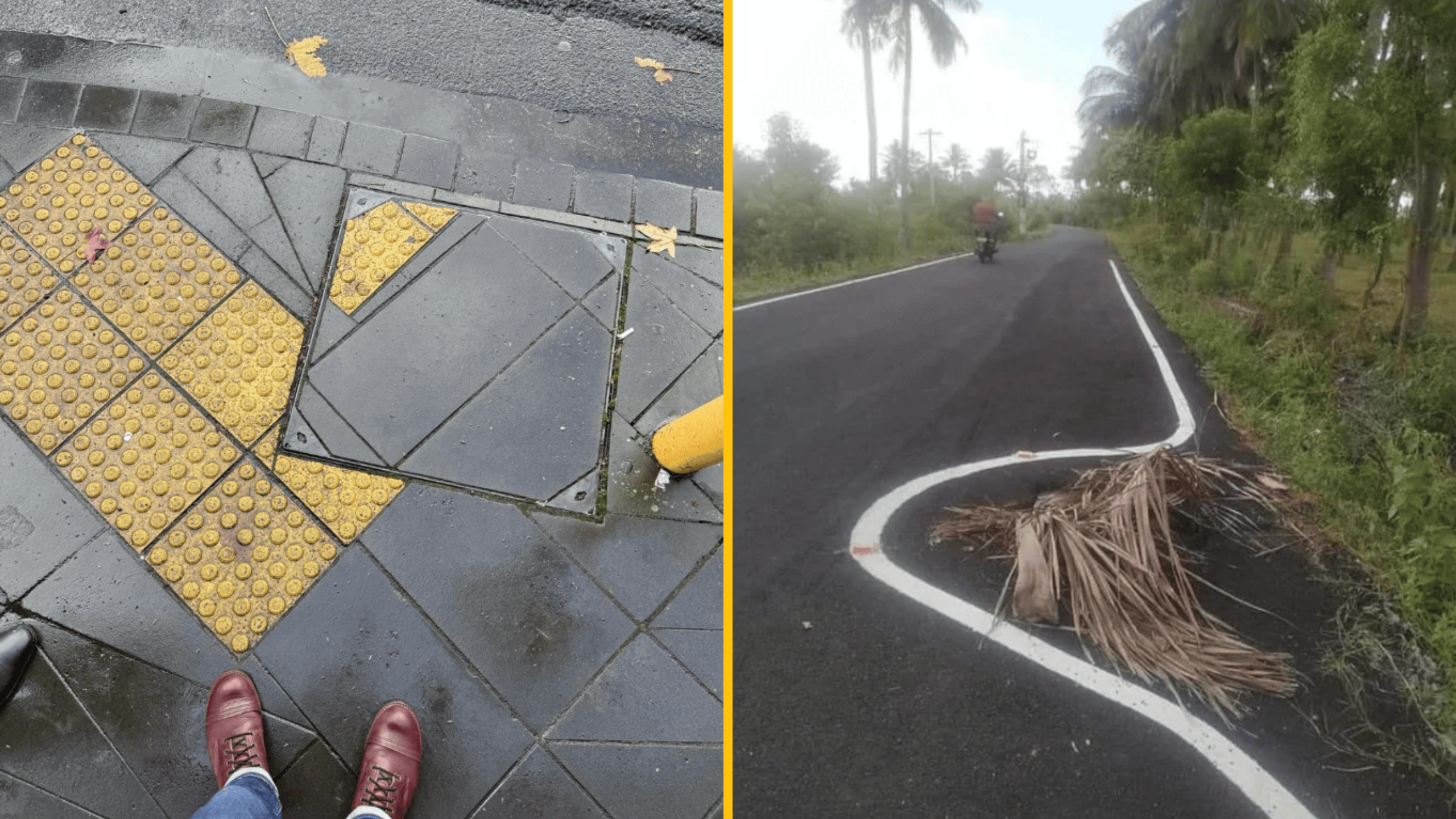 Nerovnomerné dlaždice na chodníku a znečistená cesta so zlou čiarou, problémy s infraštruktúrou na verejnom priestranstve.