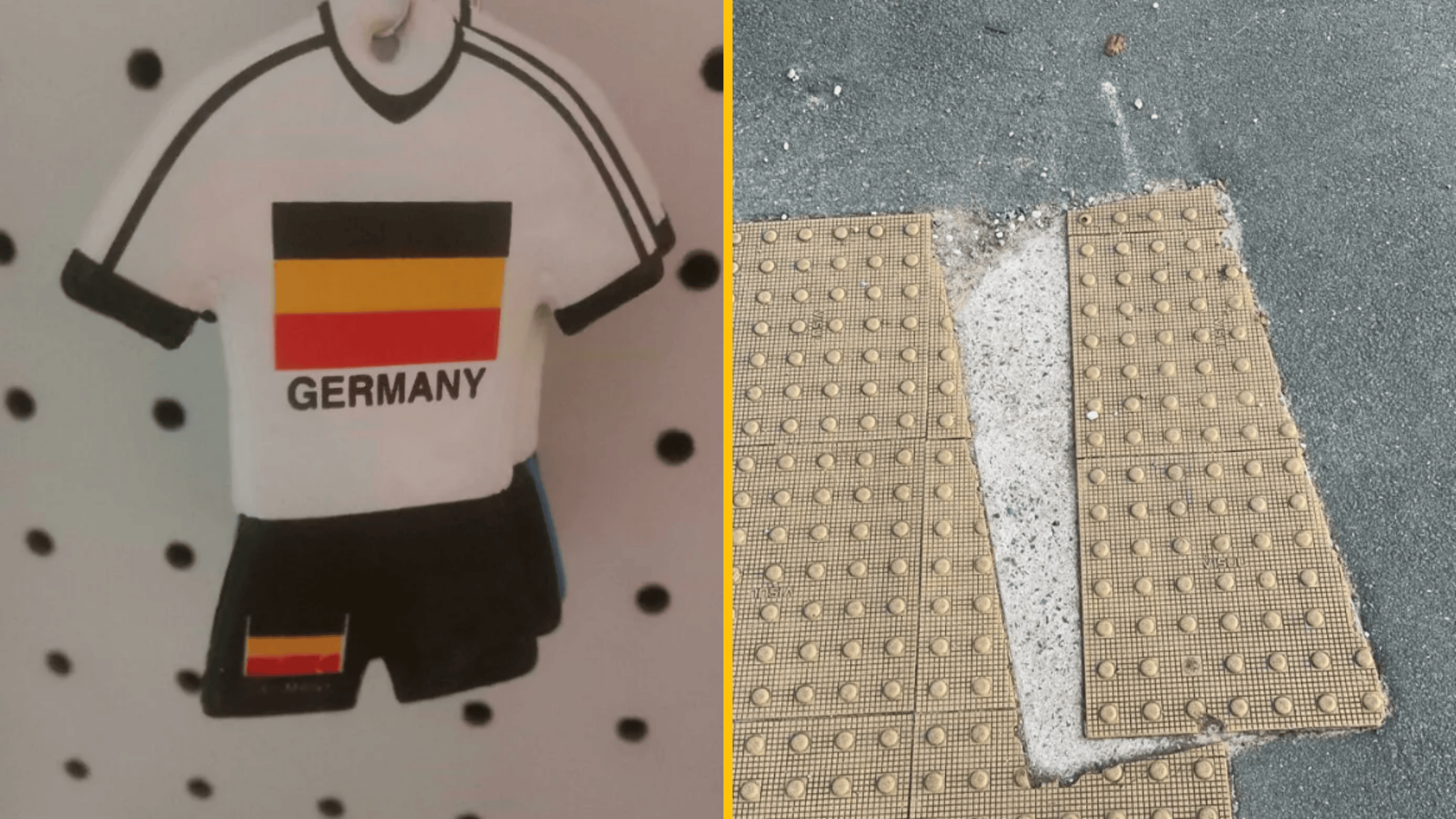 Stojan na šľapky v tvare nemeckého dresu vedľa vynechanej dlažby s kontrastným povrchom.