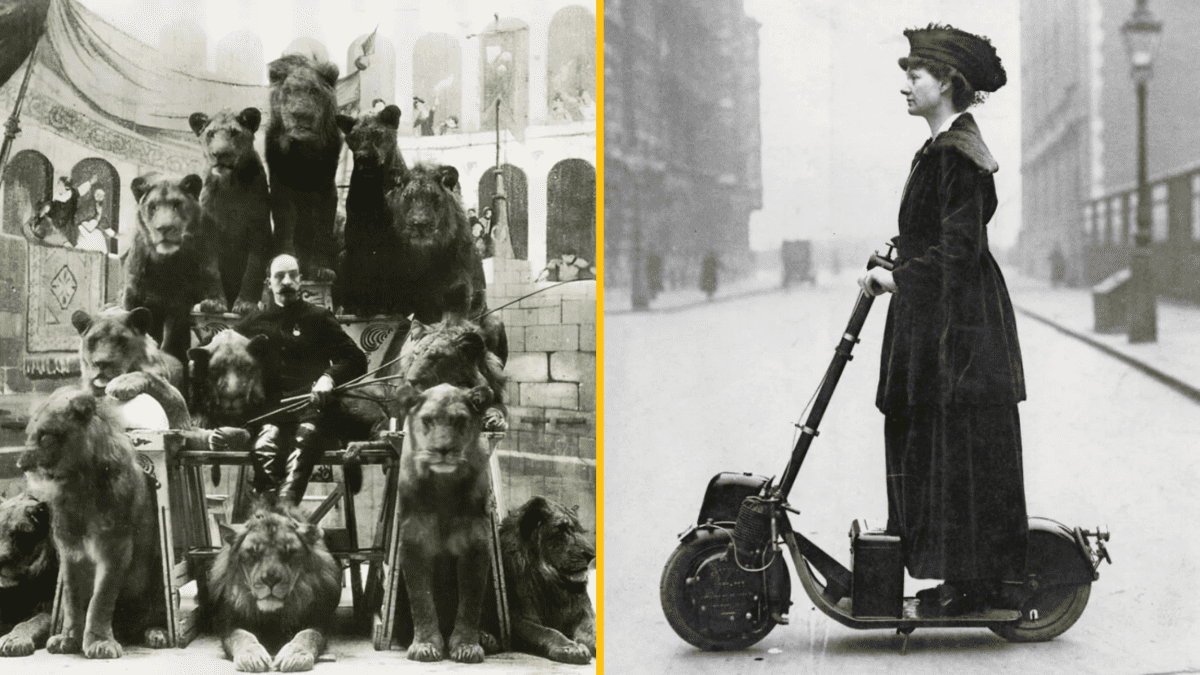 Ľudia na historických fotkách: cvičiteľ levov v aréne a žena na starožitnom skútri na ulici.