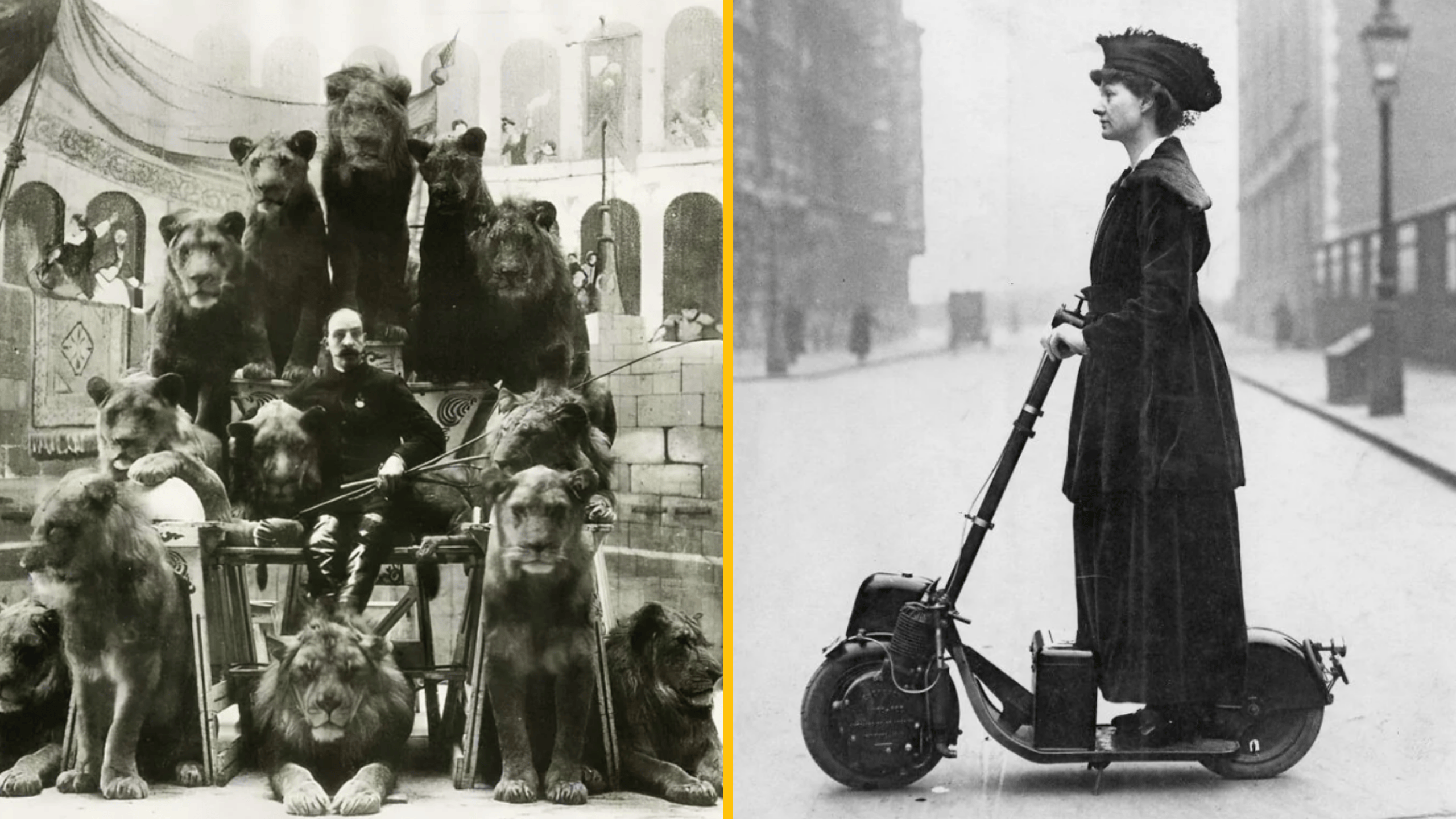 Ľudia na historických fotkách: cvičiteľ levov v aréne a žena na starožitnom skútri na ulici.