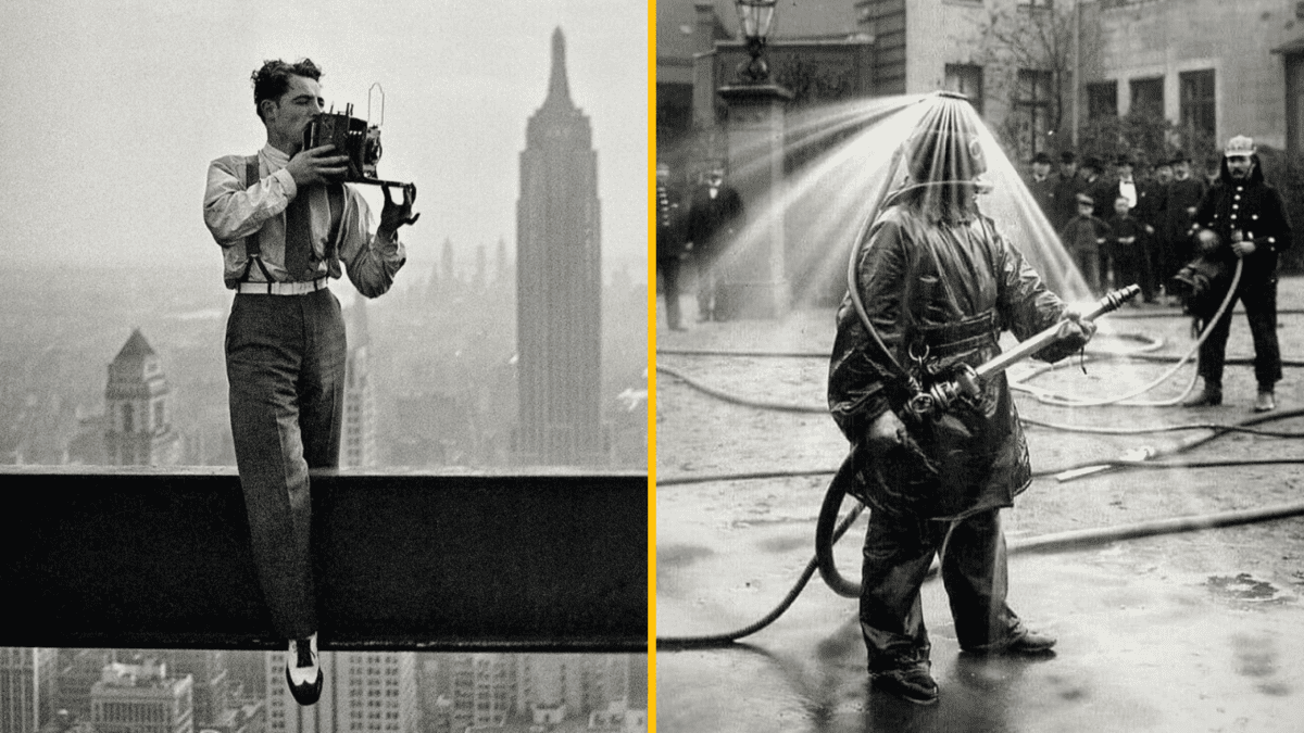 Vľavo: fotograf na oceľovej nosníku v New Yorku, vpravo: hasič v ochrannom obleku z 20. storočia pri zásahu.