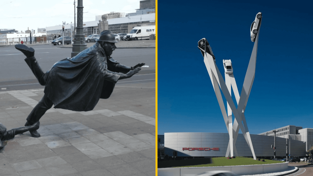 Ľavý obrázok: socha letca na ulici. Pravý obrázok: moderná socha s autami, pred budovou Porsche.