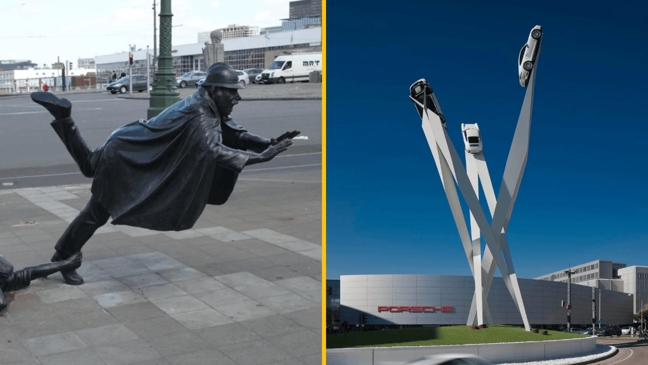 Ľavý obrázok: socha letca na ulici. Pravý obrázok: moderná socha s autami, pred budovou Porsche.
