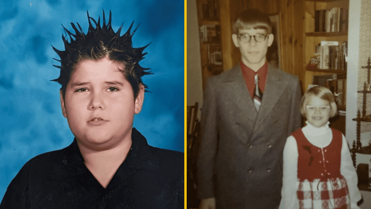 Dve retro fotky: mladík s punk účesom a retro dvojica v spoločenských šatách v interiéri.