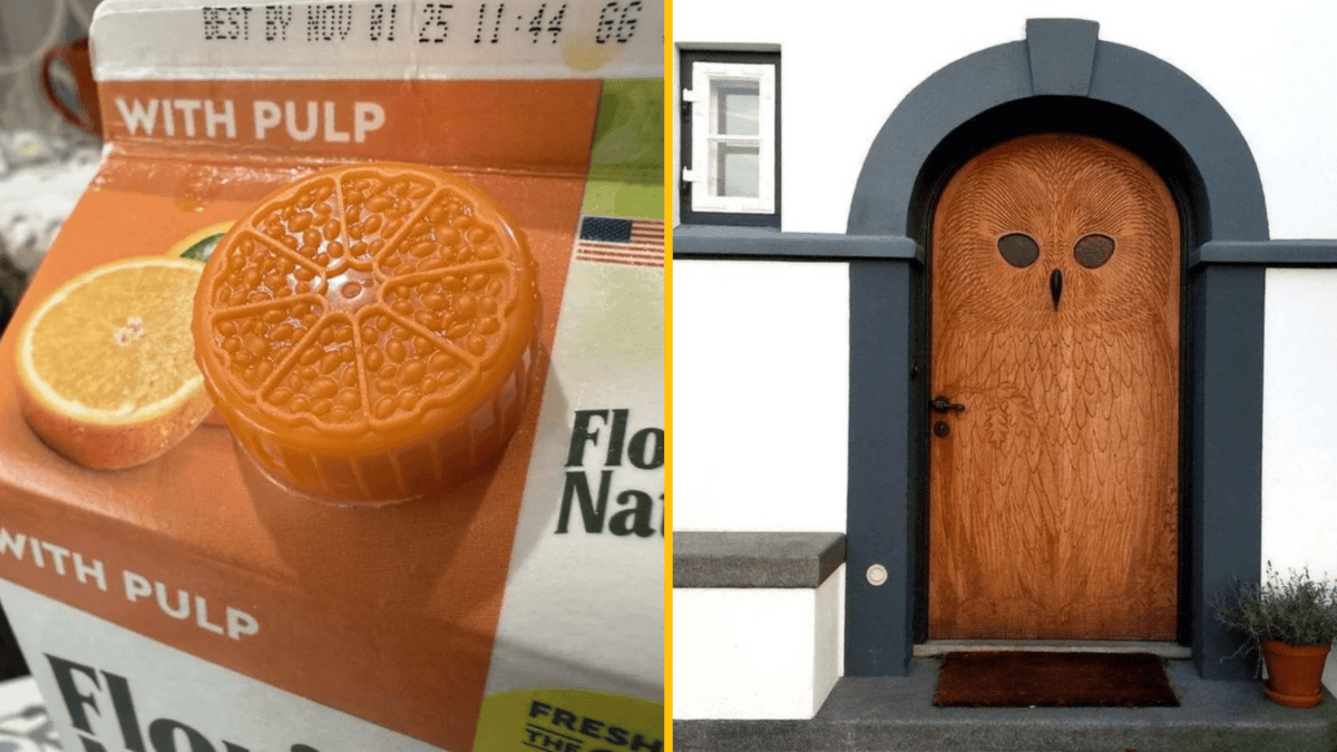 Oranžový vrchnák s textúrou plátku citrusového ovocia vedľa drevených dverí s vyrezaným motivom sovy.