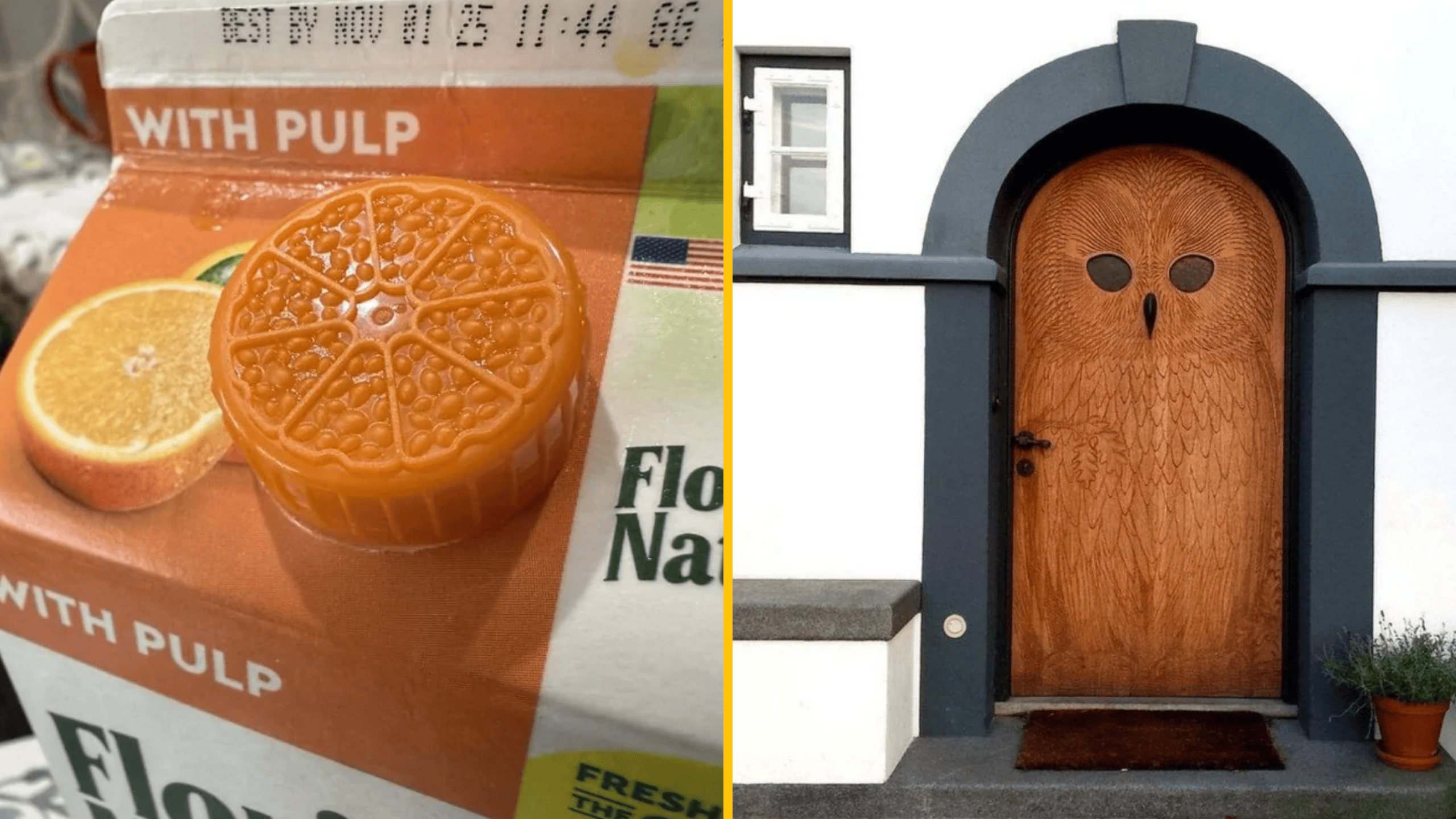 Oranžový vrchnák s textúrou plátku citrusového ovocia vedľa drevených dverí s vyrezaným motivom sovy.