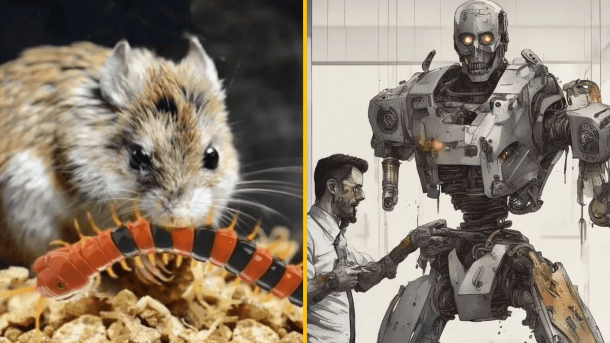 Myš a stonožka naľavo, muž pracujúci na robotovi napravo. Kombinácia prírody a technológie.