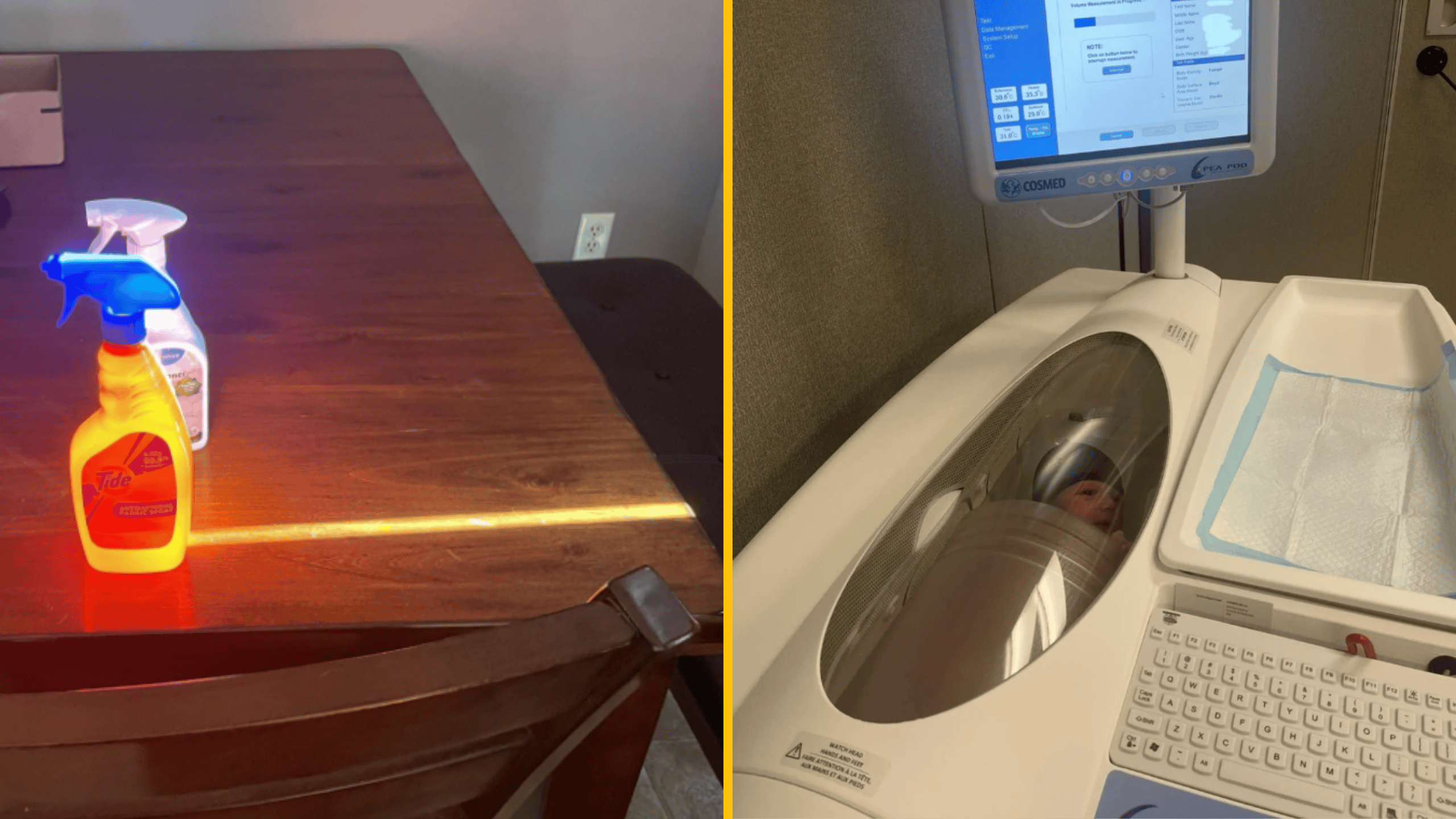 Čistiace prostriedky na drevenom stole s detským lekárskym zariadením, digitálny monitor s dieťaťom vo vnútri.