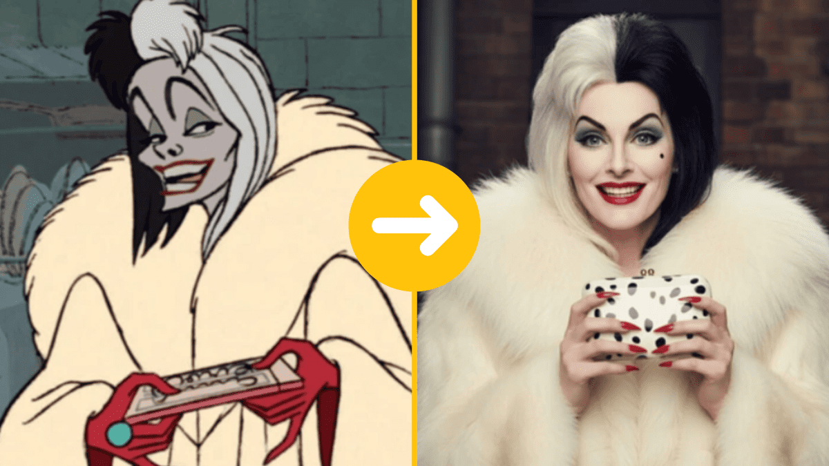 Animovaná postava v kožuchu vedľa realistického portrétu s podobným vzhľadom, transformácia do reálneho života.