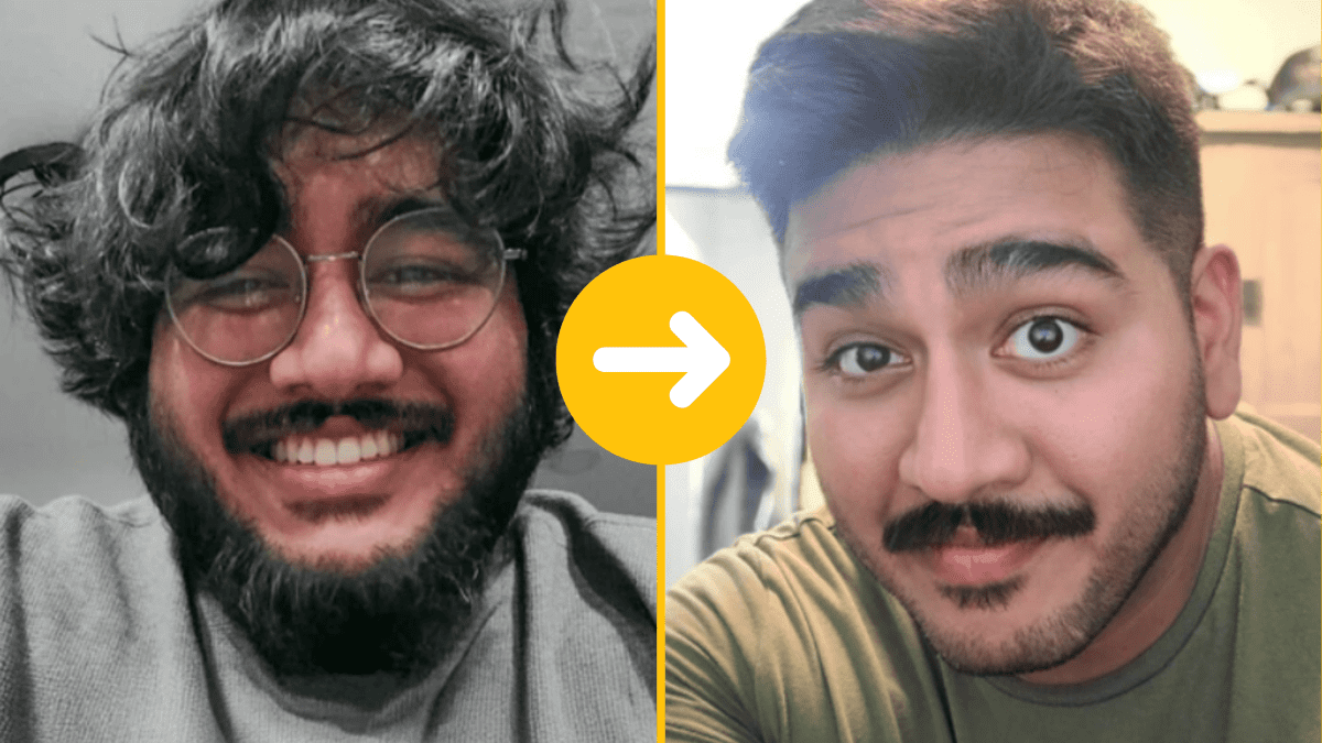 Osoba pred a po premene, výrazná zmena účesu a fúzov, šťastný výraz tváre.