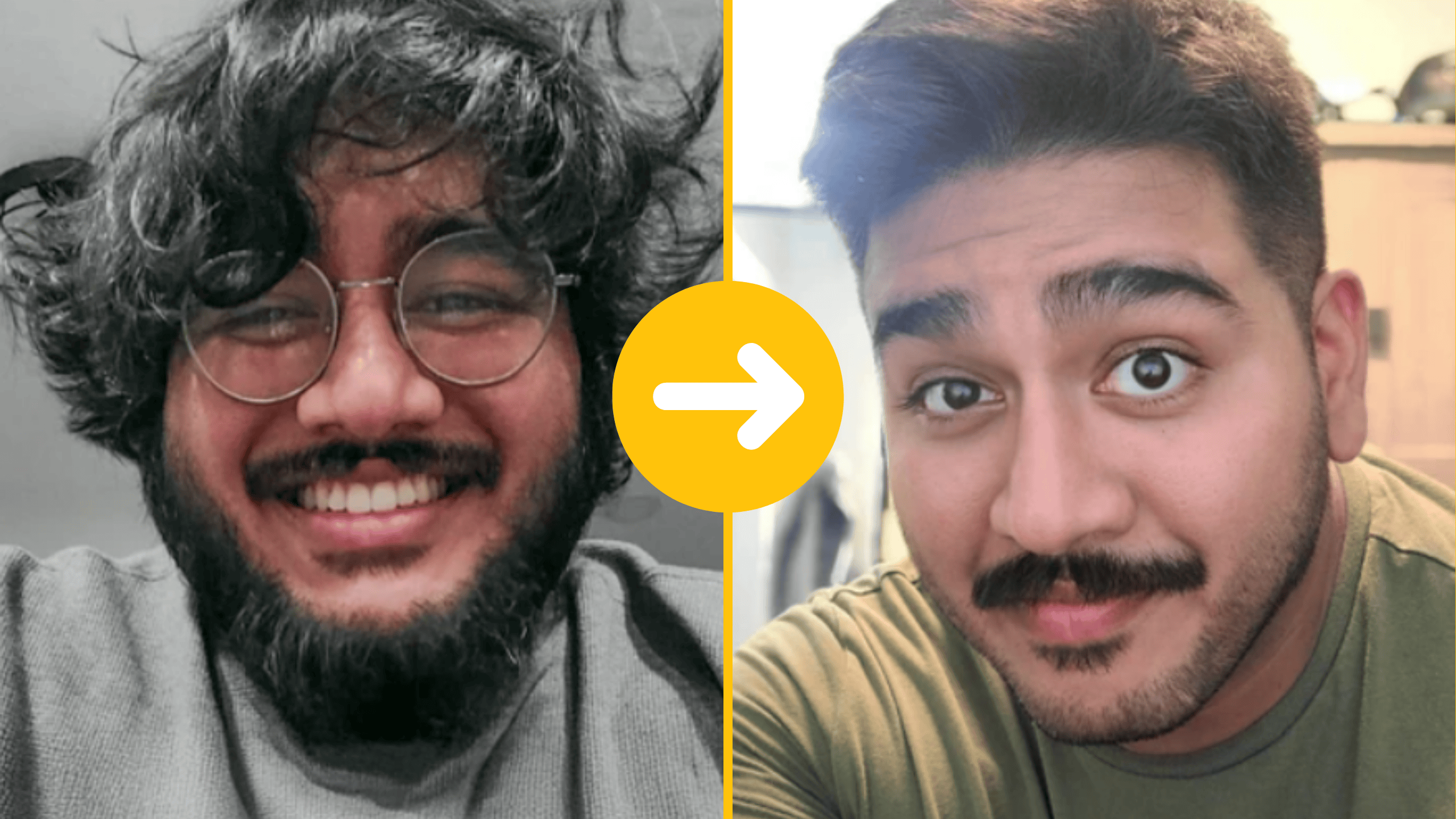 Osoba pred a po premene, výrazná zmena účesu a fúzov, šťastný výraz tváre.