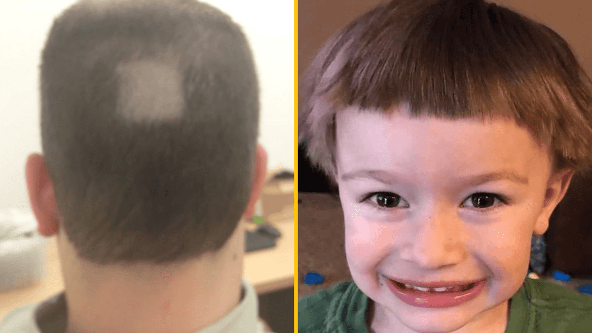 Muž s cestou v strihu na zadnej časti hlavy a chlapec s vlastnoručne ostrihanými vlasmi.