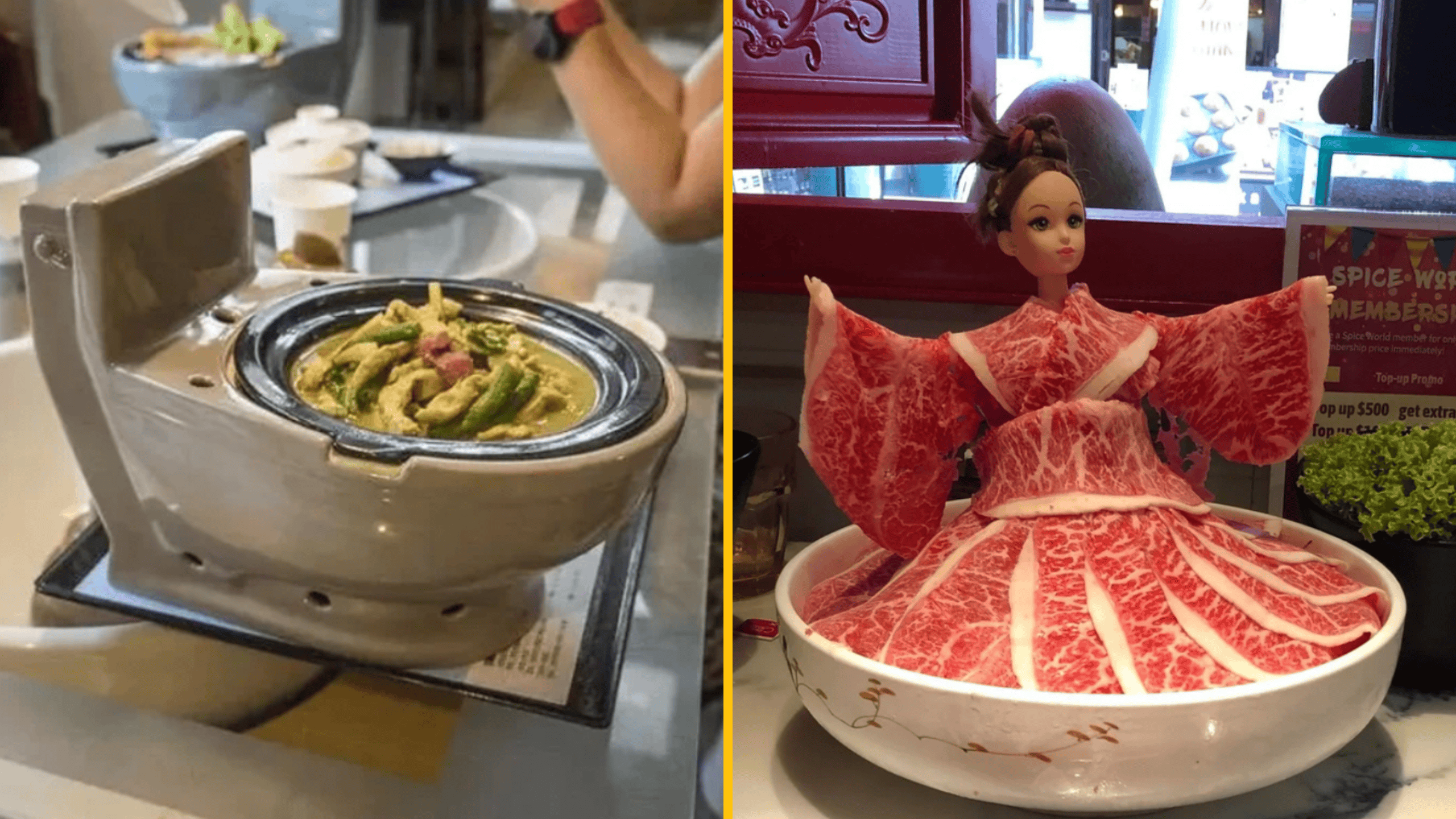 Nezvyčajne štylizované jedlá; kari v toalete a surové mäso prezentované ako šaty na bábike.