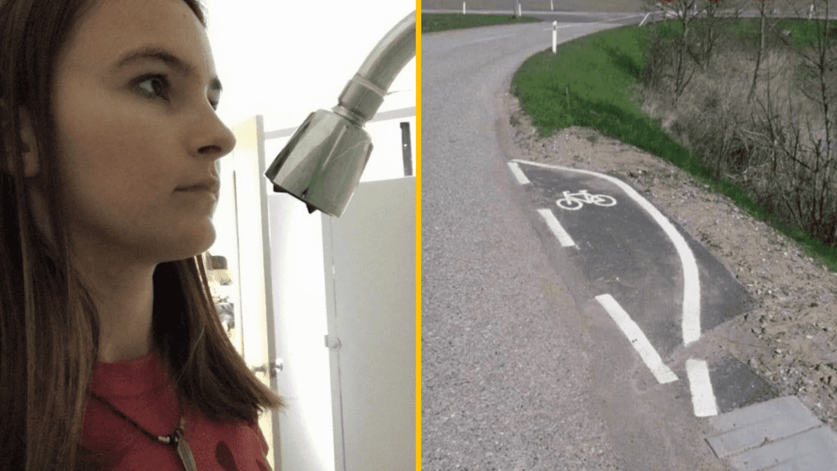 Žena čelí veľkej sprche; zle označený cyklochodník končí v poli.