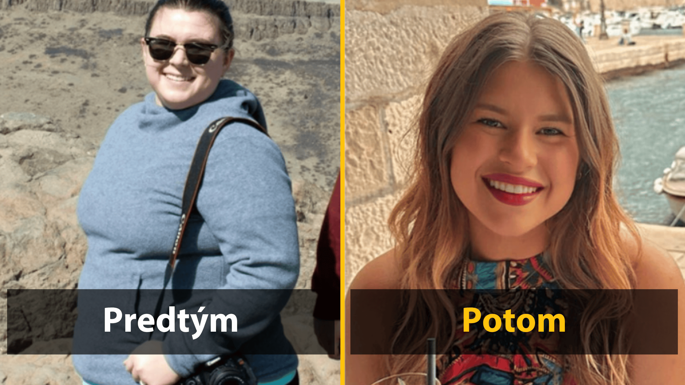 Osoba pred a po zmene výzoru, úsmevné porovnanie v exteriéri, úspešná premena.