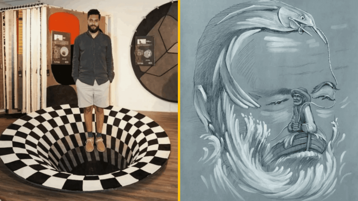 Osoba stojí na optickej ilúzii šachovnicového tunela vedľa kresby tváre a ryby.