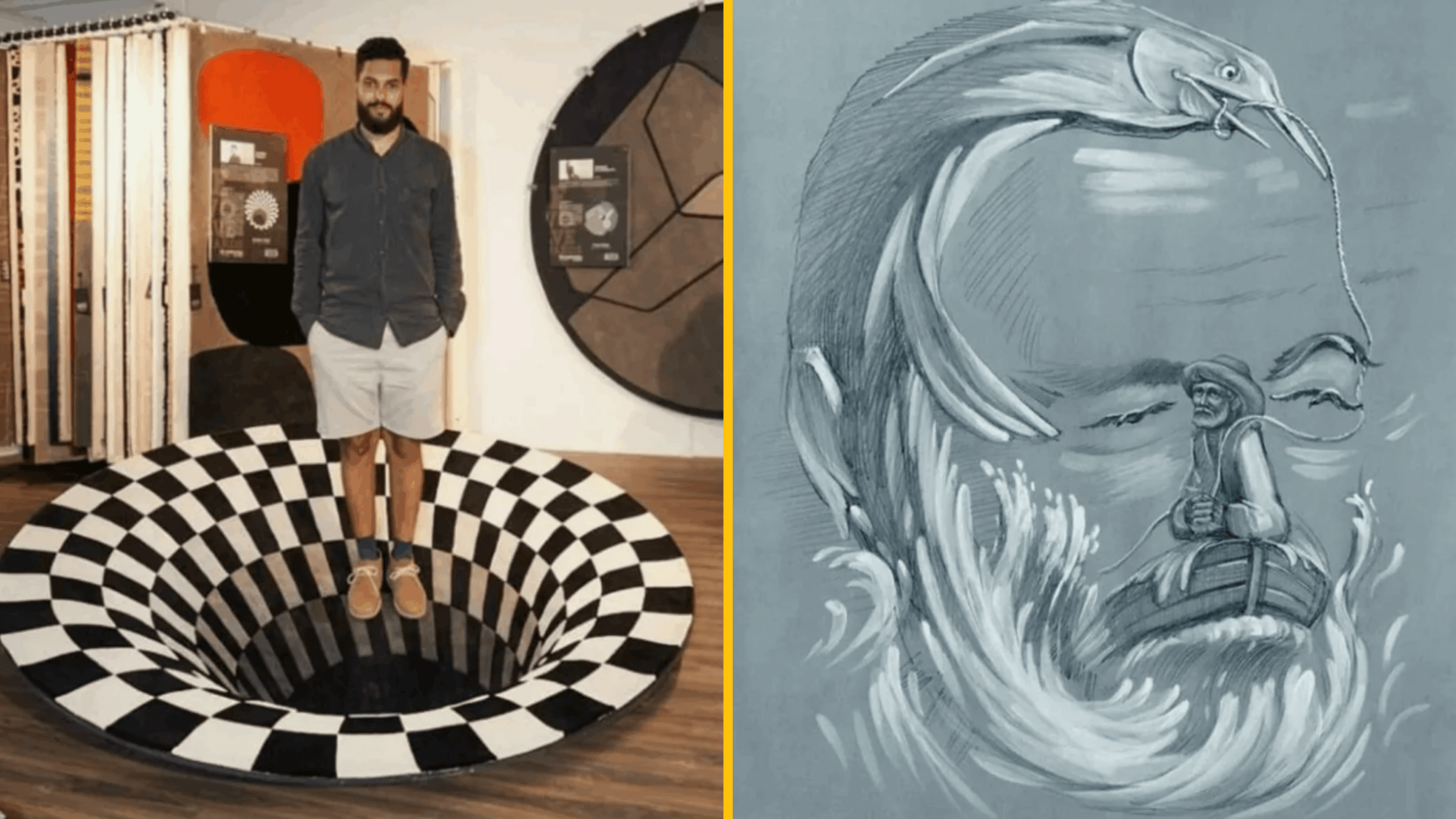 Osoba stojí na optickej ilúzii šachovnicového tunela vedľa kresby tváre a ryby.