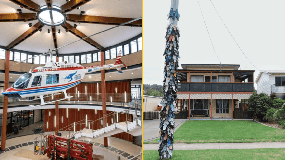 Vľavo interiér s vystaveným vrtuľníkom, vpravo dom so stĺpom pokrytým šľapkami na dvore.