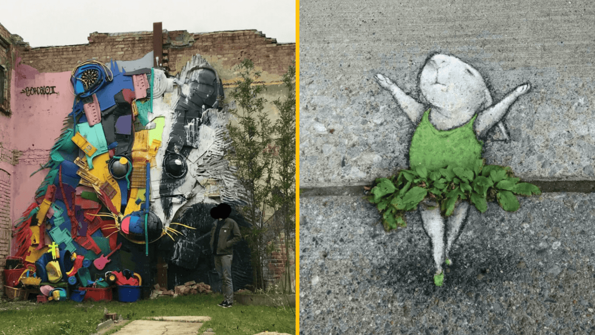 Farebná street art inštalácia s obrovskou tvárou zvieraťa a vedľa kresba tancujúceho zajačika v zelenom oblečku.