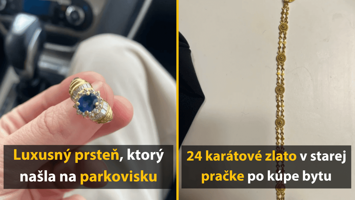 Ruka drží prsteň s modrým drahokamom; zlatý náramok na bielom pozadí.