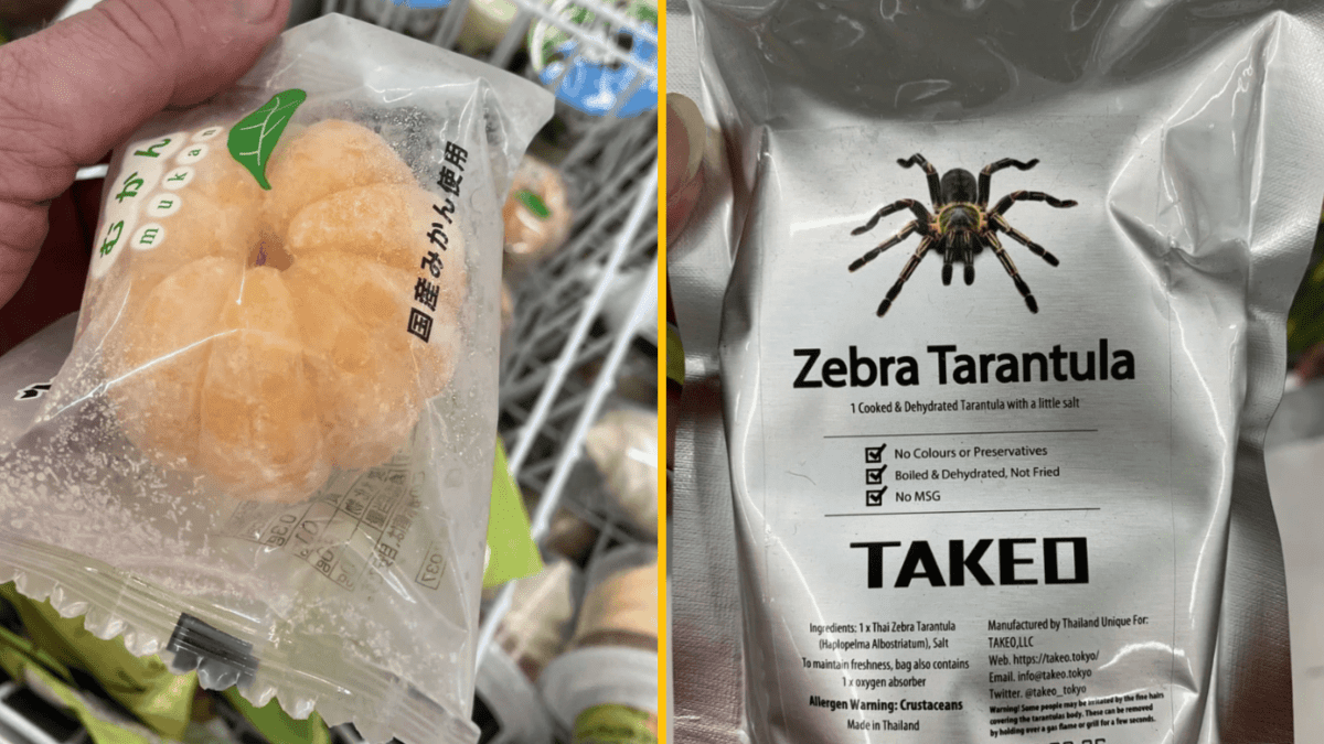 Balené sušené mandarínky a zebra tarantula ako netradičné potravinové produkty.