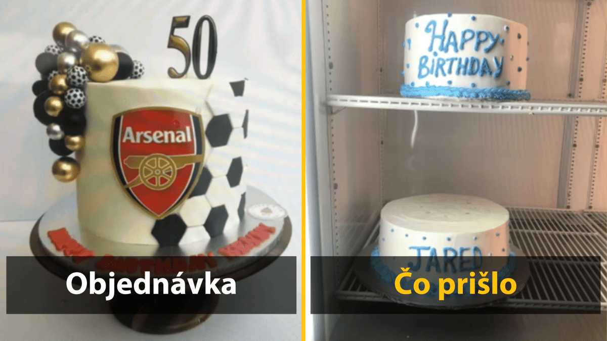 Objednaná torta s tematikou futbalu verzus doručená torta s nápisom Happy Birthday, rozdiel medzi očakávaním a realitou.