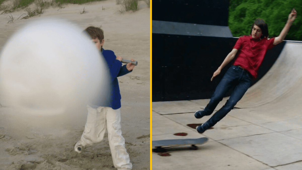 Dve deti pri športových aktivitách, jedno s pálkou a druhé na skateboarde v skejtparku.