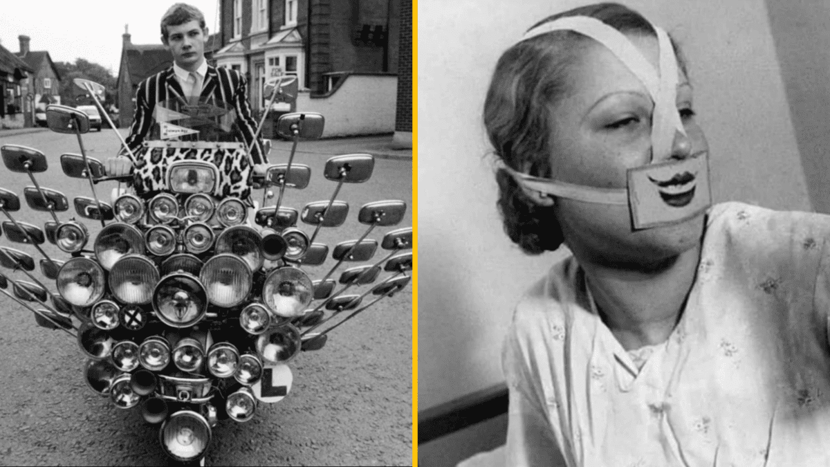Muž na motorke s množstvom zrkadiel, žena s úsmevnou maskou v historickom kontexte.