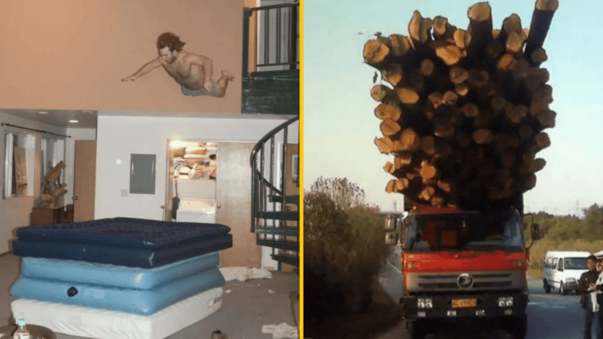 Muž skáče na matrace; nákladné auto s preplneným drevom na ceste. Dva neobvyklé a nebezpečné momenty.