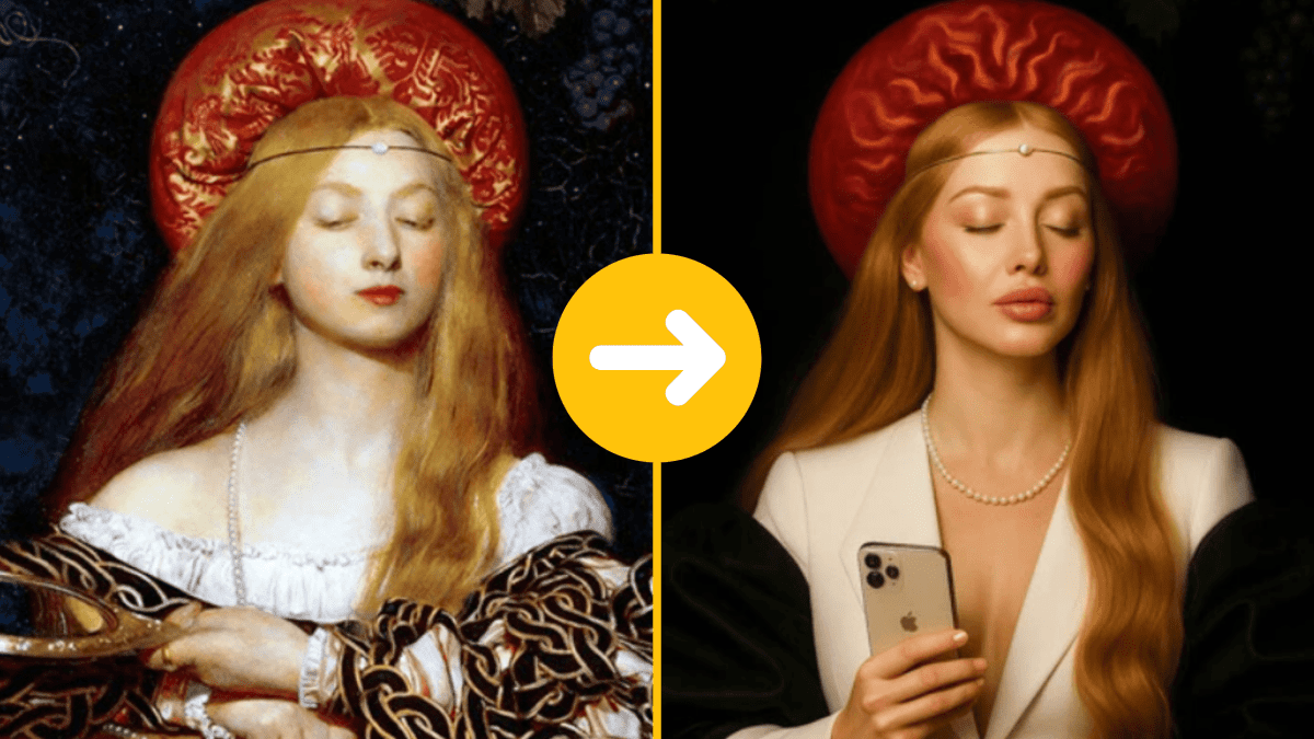 Klasický obraz ženy vedľa modernej verzie s mobilom, rukami skríženými na hrudi.