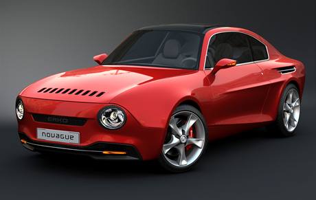 Moderné červené športové auto s elegantným dizajnom a aerodynamickými líniami na tmavom pozadí.