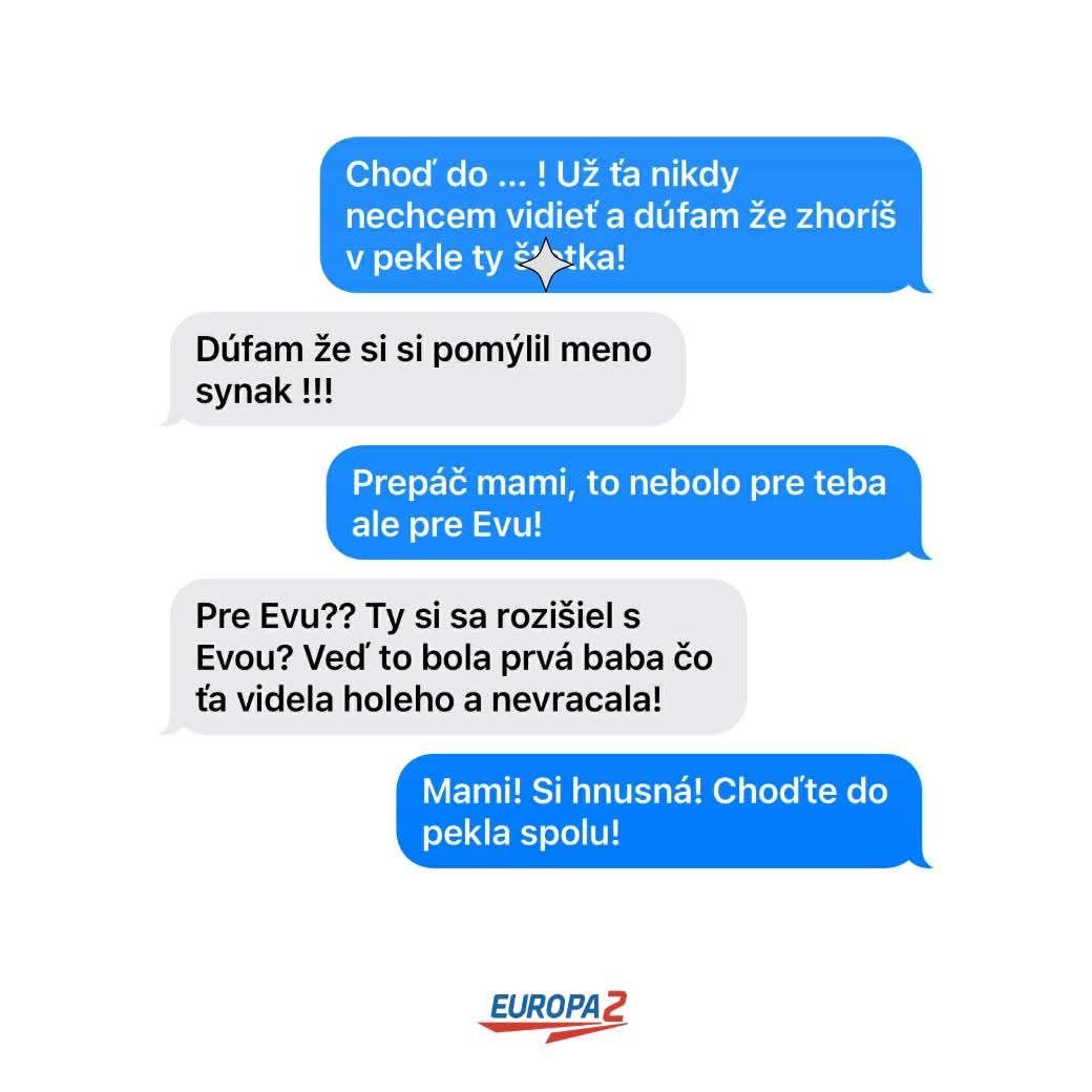 Textová konverzácia medzi synom a mamou s nedorozumením a vtipnou odpoveďou matky.
