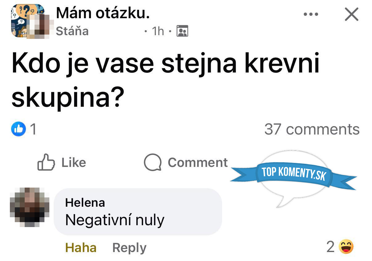 Facebook dotazník: „Aká je vaša krvná skupina?“ Odpoveď: „Negatívne nuly“. Zábavná interakcia na sociálnych sieťach.