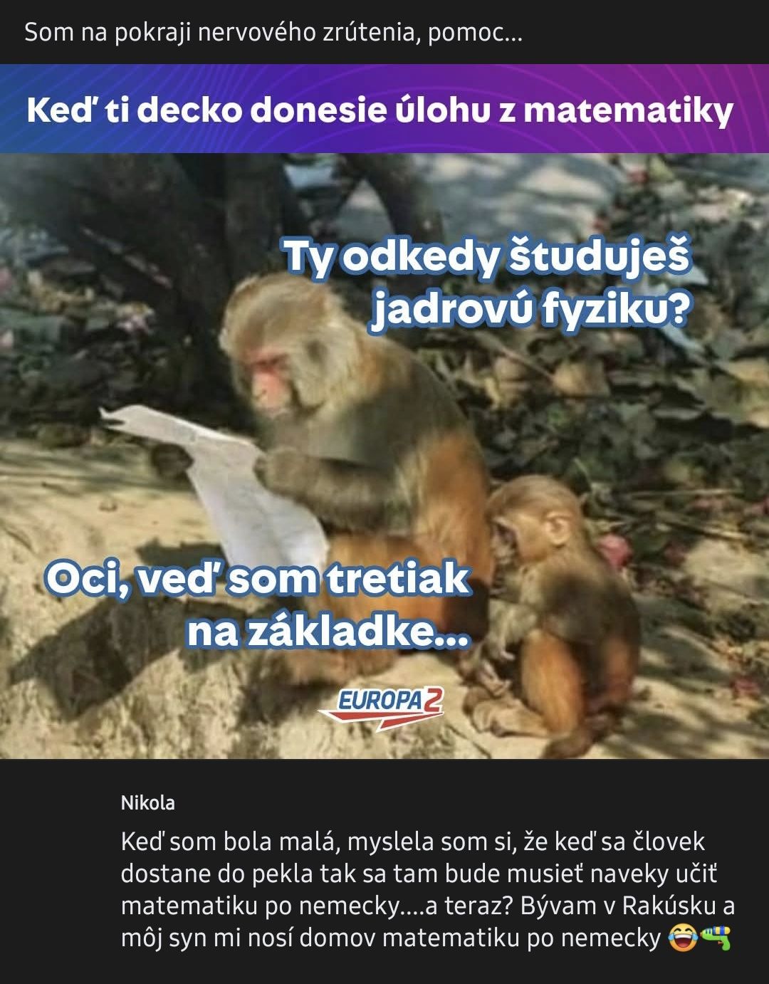 Opička číta papier, druhá sa pýta na štúdium jadrovej fyziky. Vtip o úlohách z matematiky.