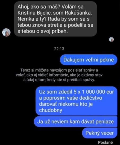 Sms konverzácia v slovenčine o odmietnutí dedičstva pre nadbytok peňazí a návrh darovať ho chudobným.