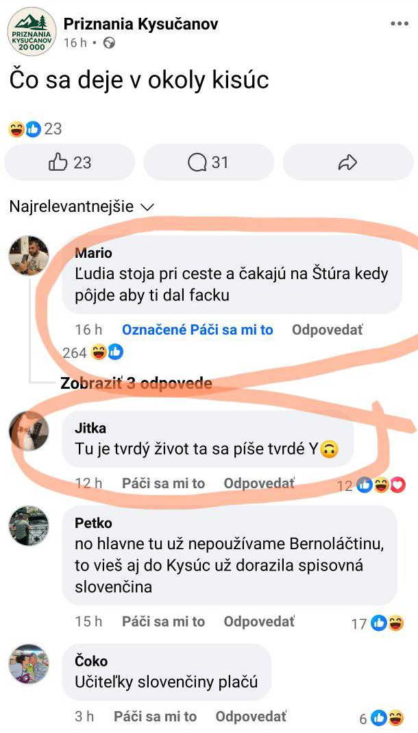 Facebook príspevok so zábavnou debatou o gramatike v skupine Priznania Kysučanov.