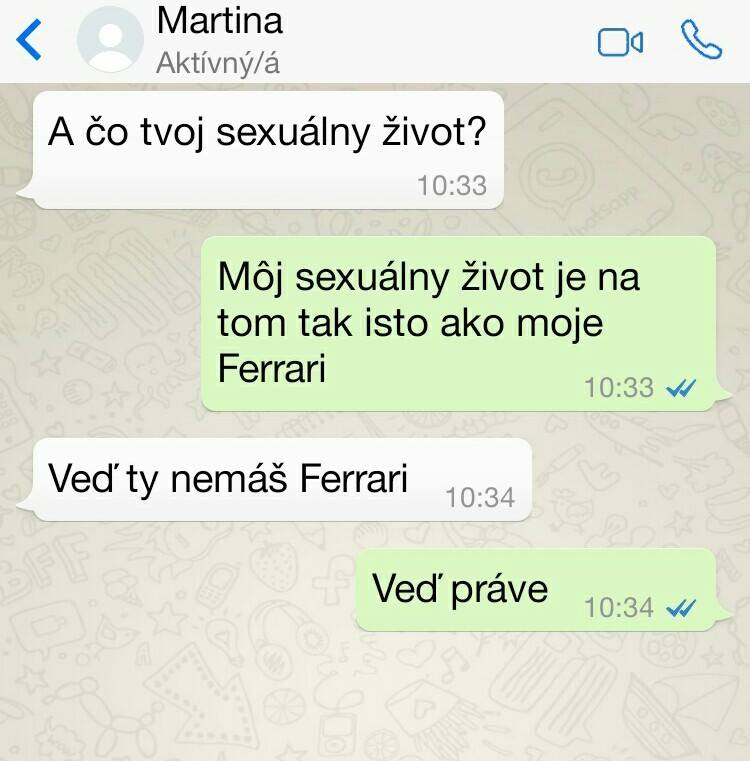 Humorná textová výmena na WhatsApp o sexuálnom živote a Ferrari.