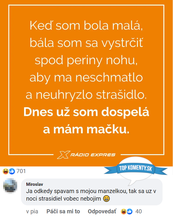 Humorná Slovenská grafika o strachu z nočných strašidiel a dospelosti s mačkou. Komentár o odvahe so ženou.