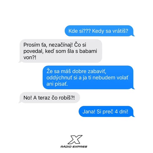 SMS rozhovor páru ohľadom návratu z večierka. Rádio Expres logo.