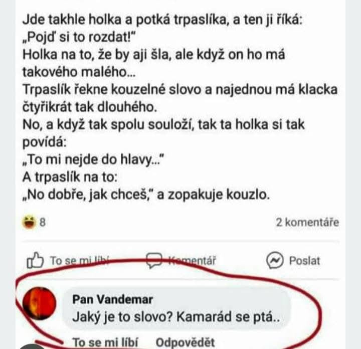 Vtip s trpaslíkom a kúzelným slovom, humor na sociálnych sieťach.