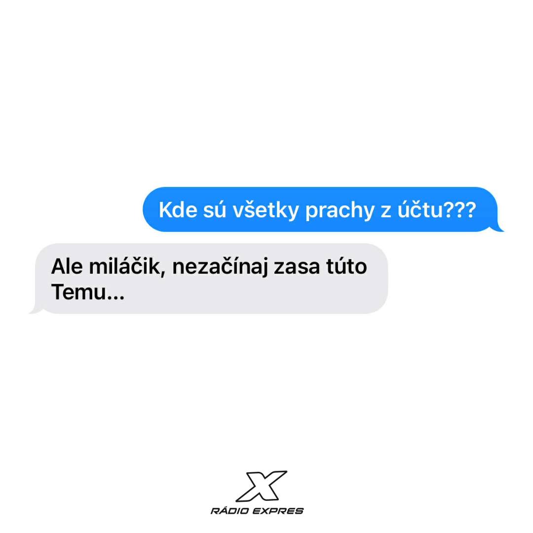 SMS konverzácia o zmiznutých peniazoch z účtu s rozpačitým odpovedaním. Rádio Expres logo v dolnej časti.