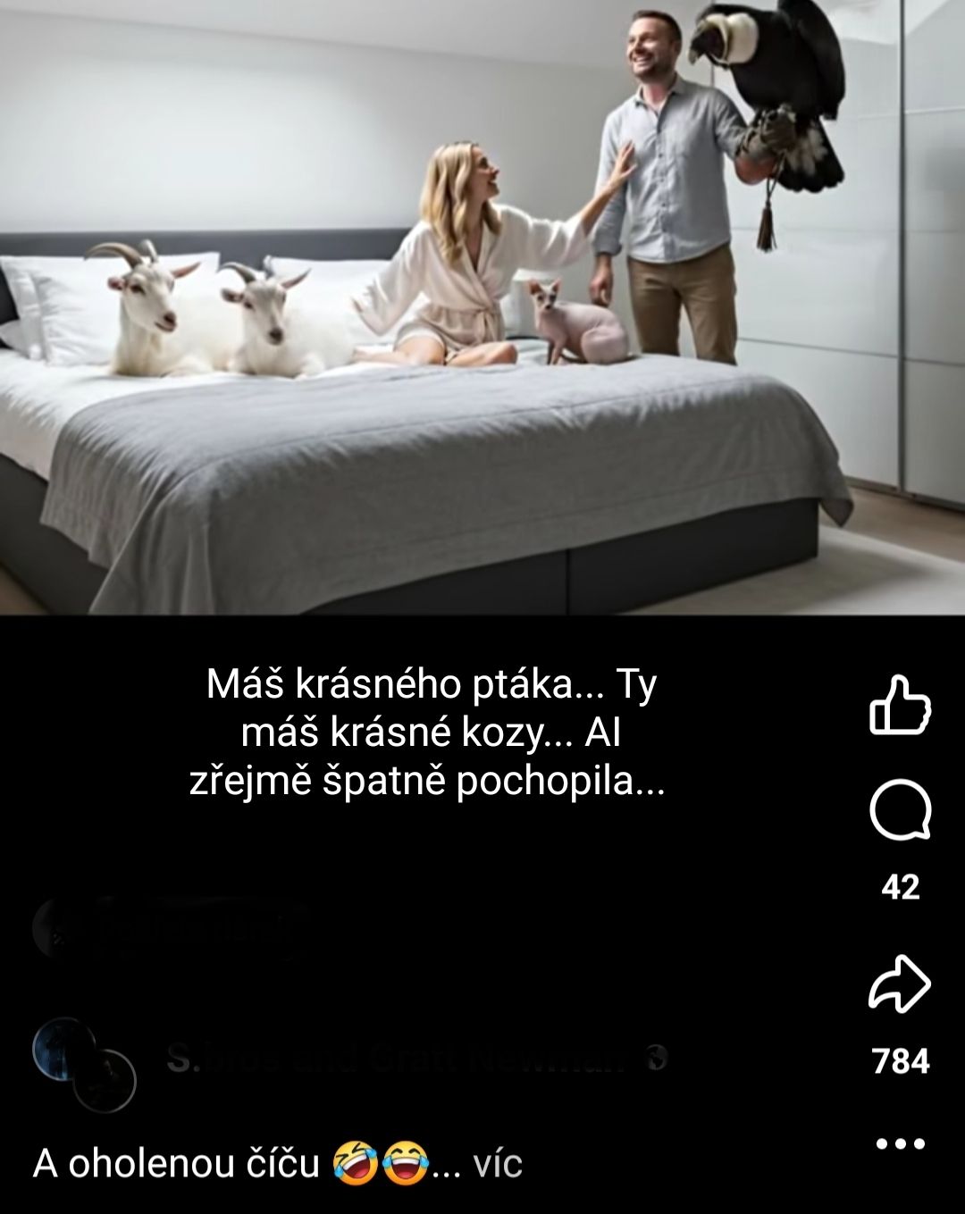 Žena na posteli s kozami a mačkou, muž drží veľkého vtáka v spálni s bielymi stenami.