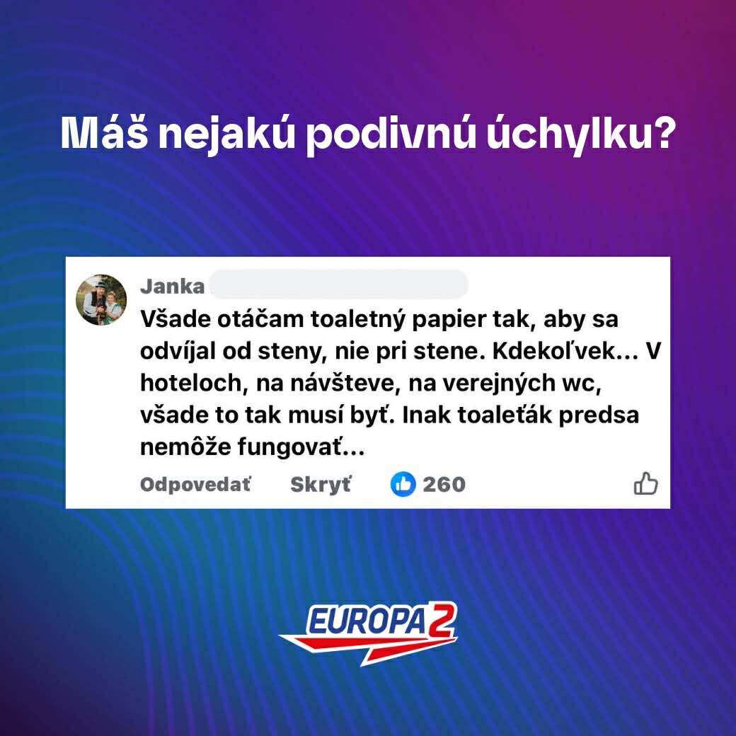 Nápis na obrázku: Máš nejakú podivnú úchylku? Komentár o otáčaní toaletného papiera, logo Europa 2.