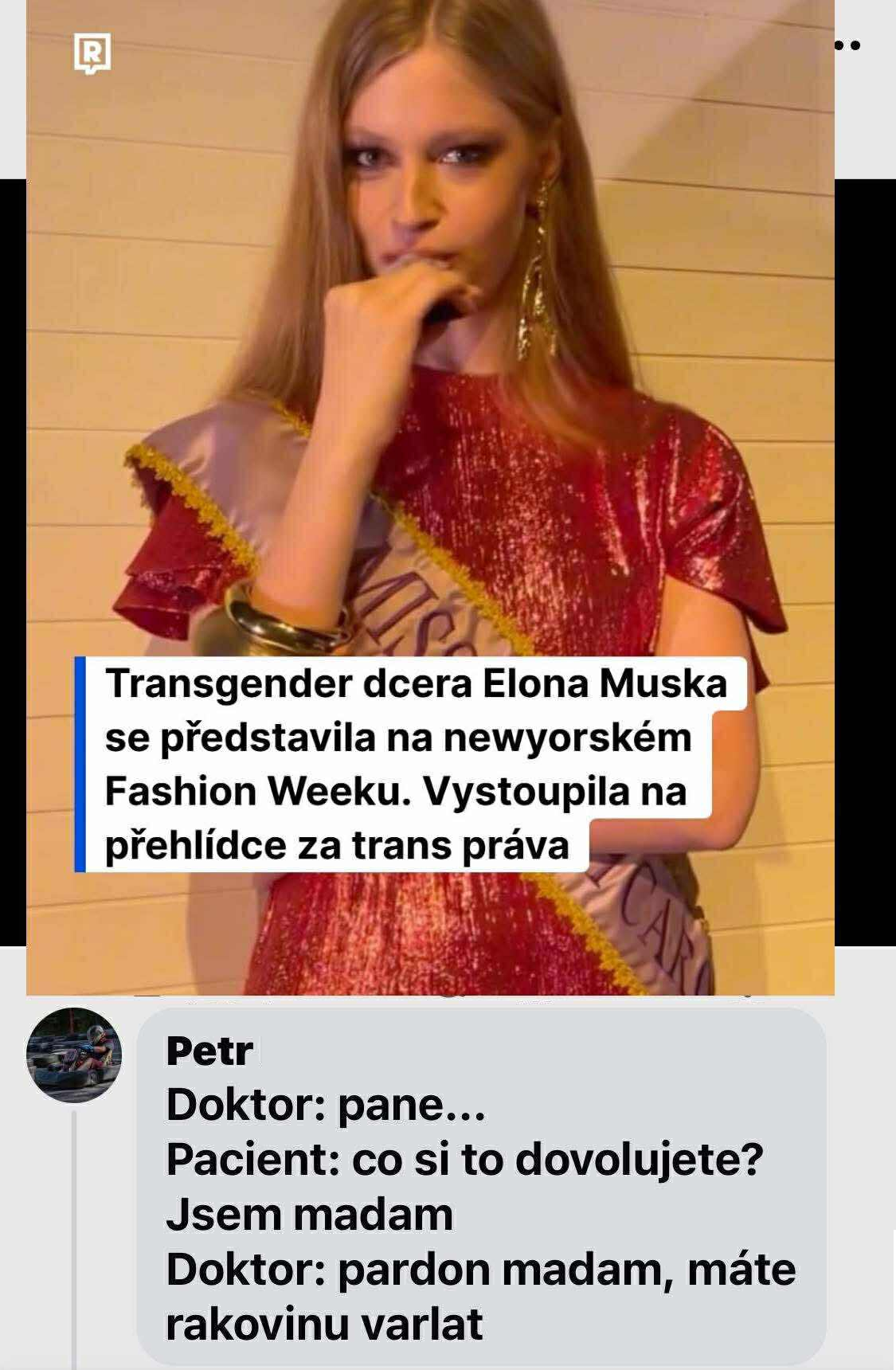 Osoba v červenom šate na módnej prehliadke, text o podpore trans práv na Fashion Weeku.