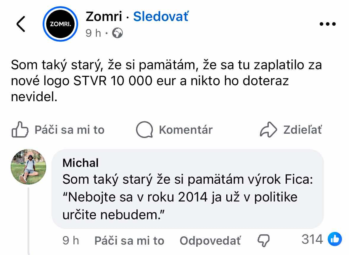 Facebook príspevok a komentár s narážkou na známu politickú výpoveď a nevydané logo za 10 000 eur.