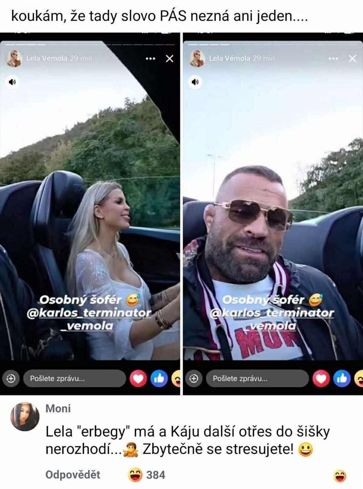 Osoby v aute bez pásov, cestujú s úsmevom. Text na obrázku pobaví komentárom o bezpečnosti.