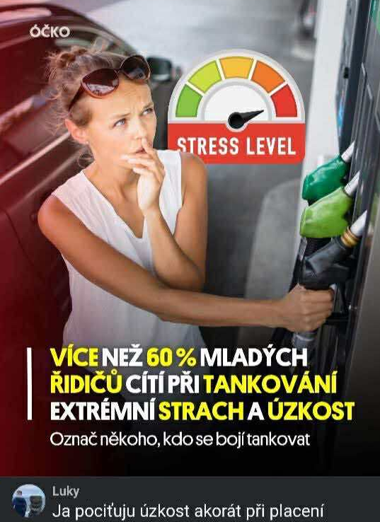 Žena pri tankovaní s výrazom úzkosti, merač stresu ukazuje vysokú úroveň, text o strese mladých vodičov.